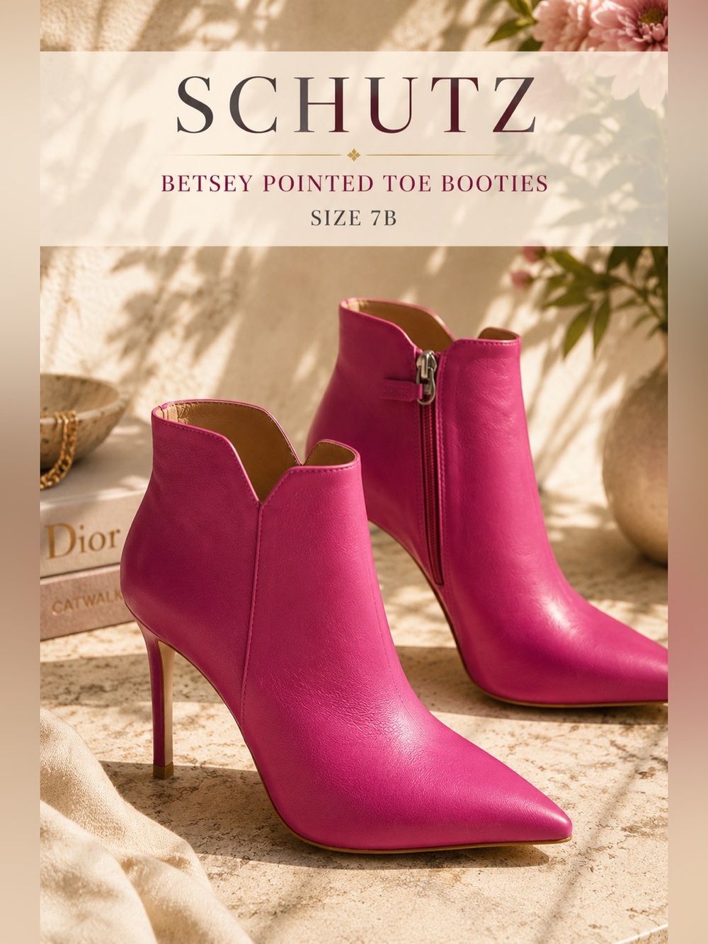 Schutz Betsey Pointed Toe Booties Cerise Pink Leather Size 7B